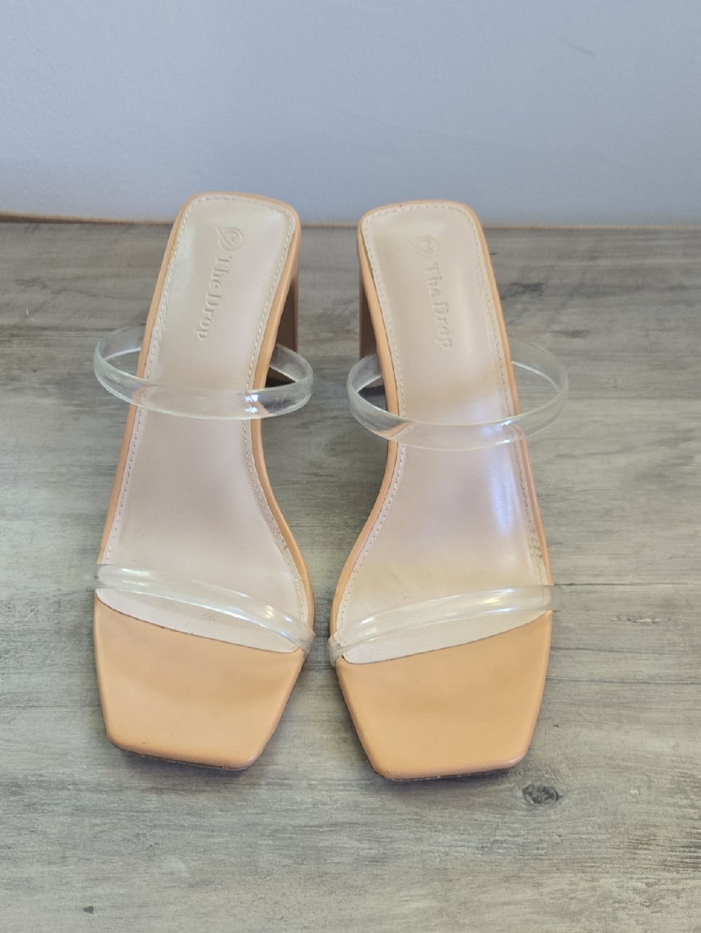 The Drop Tan Clear-Strap Slide Heels